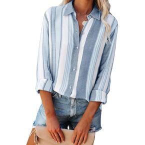 Womens Button Down Shirts Linen Striped Dress Shirts Long Sleeve Collared Office Work Blouses Button Up Tops