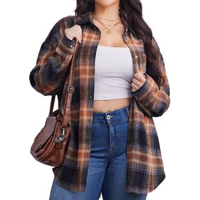 IN'VOLAND Women's Oversized Flannel Flannel Plaid Shirts Long Sleeve Button Down Casual Boyfriend Blouse Top Sandy Brown