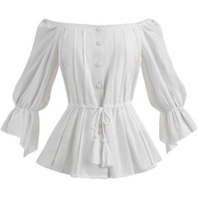 Nuoqi Renaissance Shirt Women Off Shoulder Victorian Blouse Trumpet Sleeve Pirate Top