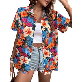 Women's Button Down Hawaiian Shirts Tropical V Neck Summer Beach Blouses Tops Floral Print Vintage Short Sleeve Tees