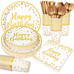 Supernal 350PCS Birthday Plates and Napkins Party Supplies Party Plates and Cups and Napkins Sets Disposable Paper Plates 10inch Happy Birthday Plates White and Gold Paper Plates for Birthday