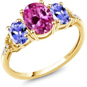 Gem Stone King 10K Yellow Gold 8X6MM Pink Created Sapphire 6X4MM Blue Tanzanite and Diamond Accent 3-Stone Engagement Ring | 2.59 Cttw | 3 Stone Wedding Anniversary Ring For Women