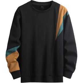 Men's Crewneck Sweatshirts Patchwork Contrast Color Long Sleeve Casual Lightweight Pullover Shirt Hip-Hop Sweater
