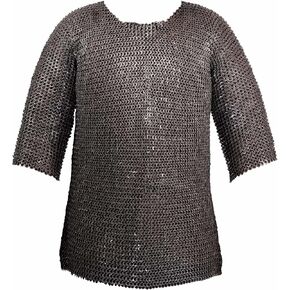 Medieval Chainmail Half Sleeves Shirt Haubergeon, Riveted Flat Rings, Alternate, 9 mm 17 Gauge, Mild Steel, Natural