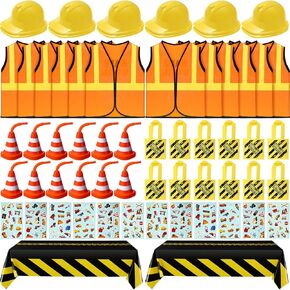 62 Pcs Construction Birthday Party Supplies Set Kids Construction Dress up Set Including Vest, Hat, Tote Bag, Tablecloth, Traffic Cone Cups and Stickers for Construction Birthday Dress up Party Decors