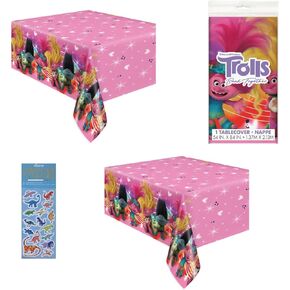 Unique Trolls Birthday Party Supplies Bundle Pack Includes 2 Plastic Table Covers 54" x 84" and 1 Dinosaur Sticker Sheet