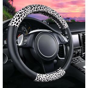 Cheetah Car Steering Wheel Cover Luxurious Plush Leopard Print Leather Cute Car Wheel Protector Universal 15 Inch Fit for Vehicle, Car, Auto, SUV (White)