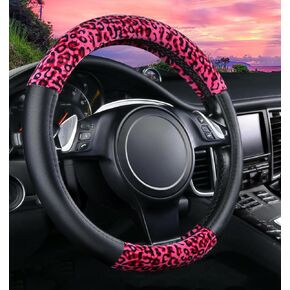 Cheetah Car Steering Wheel Cover Luxurious Plush Leopard Print Leather Cute Car Wheel Protector Universal 15 Inch Fit for Vehicle, Car, Auto, SUV (White)