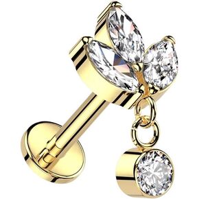 Pierced Owl 16GA ASTM F-136 Implant Grade Titanium Internally Threaded Triple CZ Crystal Marquise with Dangling Gem Flat Back Stud