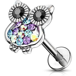 Pierced Owl - 16GA Internally Threaded Multi Colored CZ Crystal Owl Lip Cartilage Ear Stud