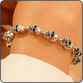 Gothic Silver Skull Beaded Statement Bracelets for Women Men, Dainty Punk Stainless Steel Skeleton Bracelets Halloween Nightmare Before Christmas Jewelry
