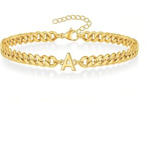 Gold Initial Bracelets for Men, 18K Gold Plated Cuban Link Chain Adjustable Charm Bracelets Jewelry Gifts for Men