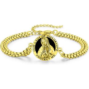 Black Onyx St Michael/St Christopher/St Jude/Guadalupe/Guardian Angel/Santa Muerte Bracelet 925 Sterling Silver Patron Saint Bracelet with Double Link Chain, 9"(Silver)