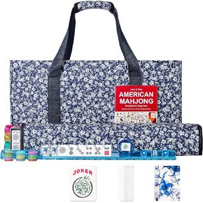 American Mahjong Set,166 Premium Acrylic Tiles with Blue Prints, 4 All-in-One Color Rack/Pushers, Complete Mahjong Game Set with Floral Blue Carrying Bag
