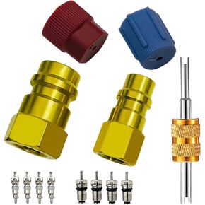 R12 to R134A AC Retrofit Fitting Adapter Kit, Solid Brass R12 to R134A Conversion Retrofit Fitting Adapter, High/Low Fitting Port Retrofit 1/4’’to 7/16"-20 UNF Conversion Adapter