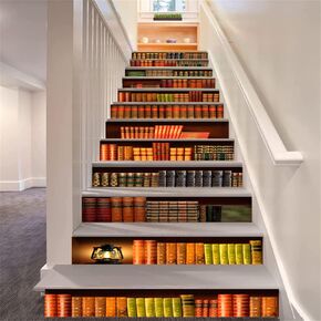 13Pcs Bookshelf Stair Stickers Peel and Stick-3D Retro Bookcase Stair Riser Stickers Decals for Home Decor 39.37"x 7.08"