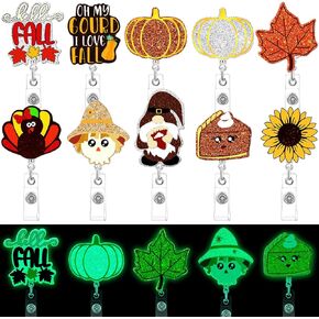 Yeaqee 10 Pcs Fall Badge Reels Thanksgiving Badge Reel Retractable Pumpkin Glow in The Dark Nurse Holiday Luminous Badge Holder with Alligator Clip for Fall Thanksgiving Halloween Winter Gifts