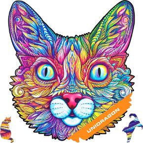 UNIDRAGON Original Wooden Jigsaw Puzzles - Impressive Cat, 300 pcs, King Size 12.2"x13.8", Beautiful Gift Package, Unique Shape Best Gift for Adults and Kids