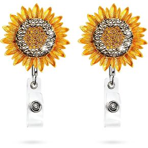 2 Pack Bling Rhinestone Sunflower Badge Reel Holder, Lightweight Retractable ID/Name Badge Holder with Bling Crystal, Women Nurse Badge Holder, Belt Clip