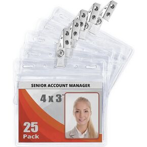Mifflin-USA Horizontal Card Protector with Metal Clip and Vinyl Straps (Clear, 4x3 Inch, 100 Pack), Waterproof PVC ID Name Badge Holder with Clip