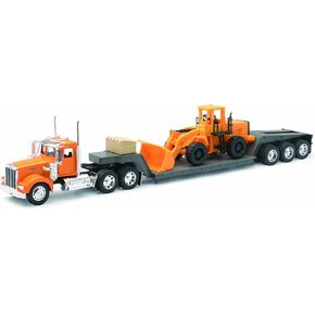 New Ray Kenworth W900 Truck with Lowboy Trailer Orange and Wheel Loader Yellow Long Haul Trucker Series 1/32 Diecast Model