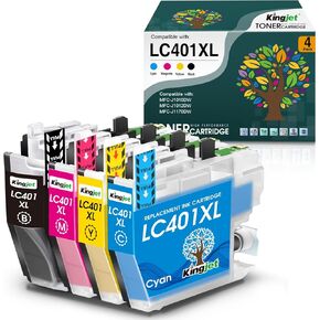 خراطيش حبر Kingjet LC401XL لاستبدال طابعة Brother لطابعة Brother LC401XL LC401 LC401 XL لطابعة Brother MFC-J1010DW MFC-J1012DW MFC-J1170DW، 4 عبوات (أسود/سماوي/أرجواني/أصفر)