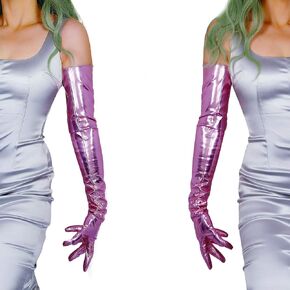 DooWay Extra Long Leather Gloves for Women Faux Patent PU 28 inches Metallic Light Pink