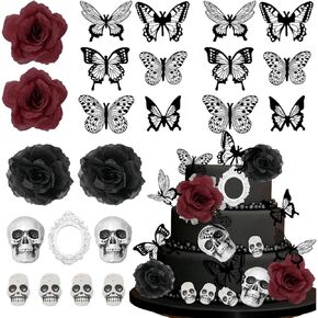 21pcs Halloween Gothic Cake Decorations, Dark Rose Skull Butterflies Oval Photo Frame Gothic Cake Accessories Terror Party Supplies Favors