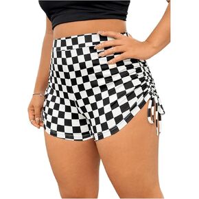 WDIRARA Women's Plus Size Plaid Drawstring Side Shorts Checkered High Waist Shorts