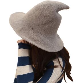 PLENMOR Modern Witch Hat, Felt Witch Hat Foldable Candy Colored Wool Knit Witch Hat for Halloween Party Cosplay Costume and Daily (Khaki)