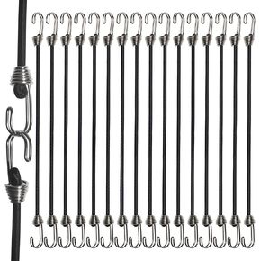 Mini Bungee Cords with Hooks (16, Black, 10"). Versatile Outdoor Bungee Cord Set. 10inch, Totaling 16pcs Small Bungee Cords with Hooks