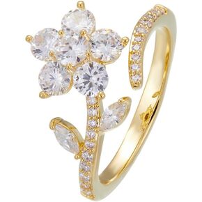 Kokoma Rotating Flower Wrap Finger Ring Spinner Ring for Women Sparkling Crystal CZ Floral Open Statement Ring Fidget Anxiety Ring Eternity Promise Rings Band
