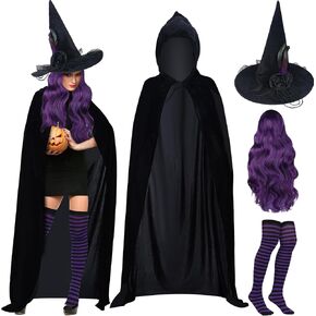 4 Pcs Halloween Witch Costumes Set Hooded Cloak Velvet Cape Black Pointed Witch Hat Dark Purple Cosplay Wig Striped Stockings for Women Girl Cosplay Party Costume Accessory
