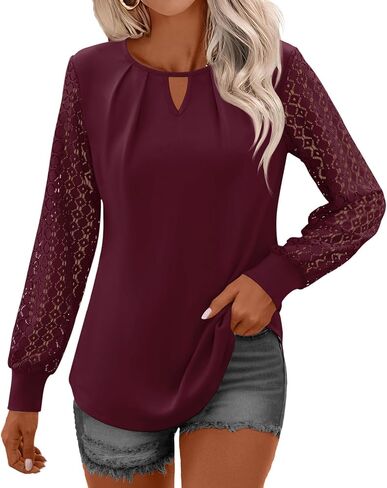 Micoson Women's Pleated Long Sleeve Tops Business Casual Blouses Crewneck Keyhole Shirts Fall Outfits in Saudi Arabia