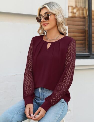 Micoson Women's Pleated Long Sleeve Tops Business Casual Blouses Crewneck Keyhole Shirts Fall Outfits in Saudi Arabia