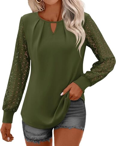 Micoson Women's Pleated Long Sleeve Tops Business Casual Blouses Crewneck Keyhole Shirts Fall Outfits in Saudi Arabia