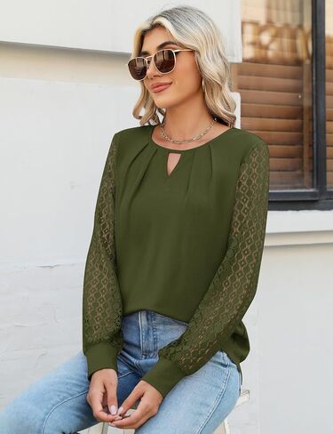Micoson Women's Pleated Long Sleeve Tops Business Casual Blouses Crewneck Keyhole Shirts Fall Outfits in Saudi Arabia