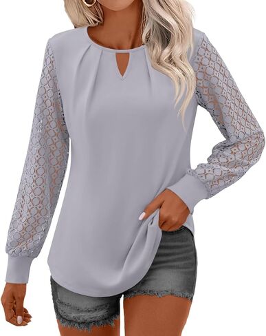 Micoson Women's Pleated Long Sleeve Tops Business Casual Blouses Crewneck Keyhole Shirts Fall Outfits in Saudi Arabia