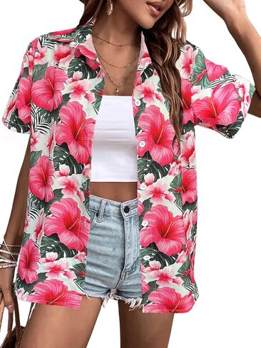 Women's Button Down Hawaiian Shirts Tropical V Neck Summer Beach Blouses Tops Floral Print Vintage Short Sleeve Tees in Saudi Arabia