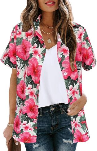 Women's Button Down Hawaiian Shirts Tropical V Neck Summer Beach Blouses Tops Floral Print Vintage Short Sleeve Tees in Saudi Arabia