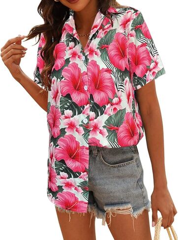 Women's Button Down Hawaiian Shirts Tropical V Neck Summer Beach Blouses Tops Floral Print Vintage Short Sleeve Tees in Saudi Arabia