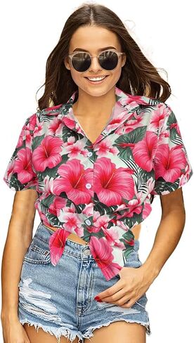 Women's Button Down Hawaiian Shirts Tropical V Neck Summer Beach Blouses Tops Floral Print Vintage Short Sleeve Tees in Saudi Arabia