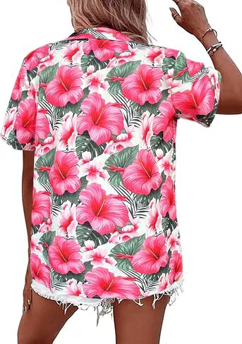 Women's Button Down Hawaiian Shirts Tropical V Neck Summer Beach Blouses Tops Floral Print Vintage Short Sleeve Tees in Saudi Arabia