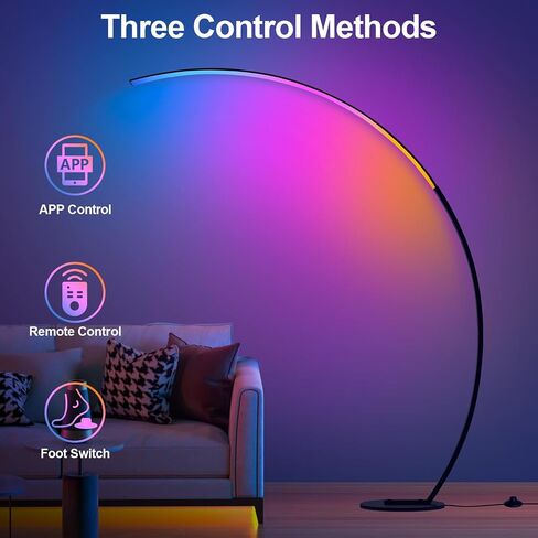 RGB Floor Lamp with 3 Color Temperatures, Ultra Bright 1800LM Smart Arc LED Floor Lamp with Remote Control, Music Sync, Scene Modes, Modern Standing Tall Lamp for Bedroom Living Room Gaming Rooms in Kuwait