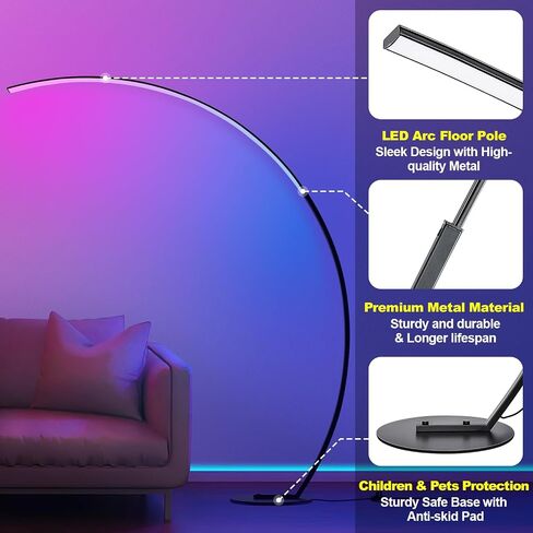 RGB Floor Lamp with 3 Color Temperatures, Ultra Bright 1800LM Smart Arc LED Floor Lamp with Remote Control, Music Sync, Scene Modes, Modern Standing Tall Lamp for Bedroom Living Room Gaming Rooms in Kuwait