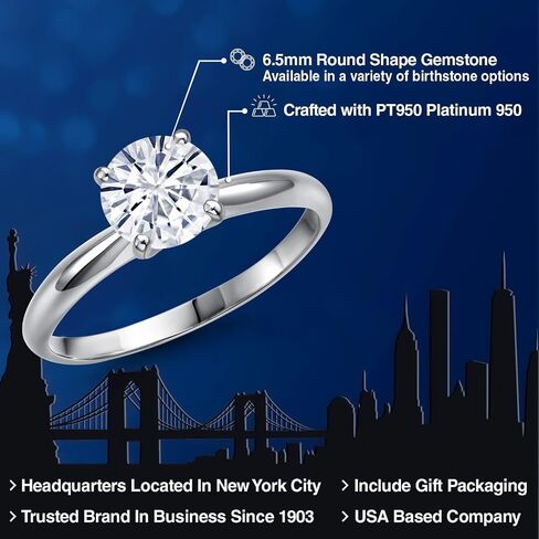 Gem Stone King PT950 Platinum 950 6.5MM Round Gemstone Birthstone Solitaire Engagement Ring | Wedding Engagement Anniversary Promise Ring For Women | Available In Size 5, 6, 7, 8, 9 in Saudi Arabia