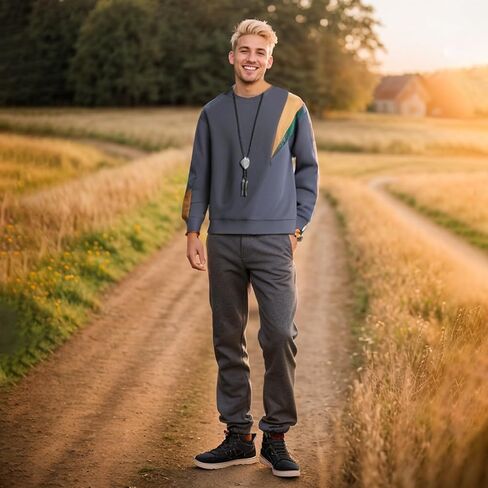 Men's Crewneck Sweatshirts Patchwork Contrast Color Long Sleeve Casual Lightweight Pullover Shirt Hip-Hop Sweater in Kuwait