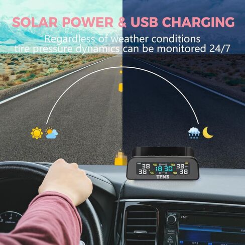 نظام مراقبة ضغط الإطارات TPMS، نظام مراقبة ضغط الإطارات TPMS بالطاقة الشمسية مثبت على درع النافذة مع 4 أجهزة استشعار خارجية 6 أوضاع إنذار عرض في الوقت الحقيقي درجة حرارة الضغط والوقت in Kuwait
