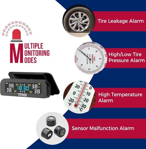 نظام مراقبة ضغط الإطارات TPMS، نظام مراقبة ضغط الإطارات TPMS بالطاقة الشمسية مثبت على درع النافذة مع 4 أجهزة استشعار خارجية 6 أوضاع إنذار عرض في الوقت الحقيقي درجة حرارة الضغط والوقت in Kuwait