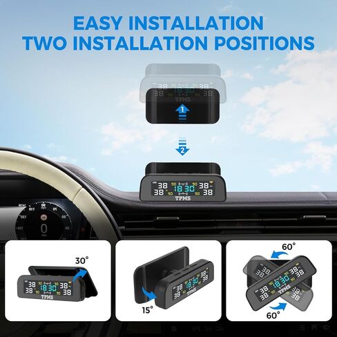 نظام مراقبة ضغط الإطارات TPMS، نظام مراقبة ضغط الإطارات TPMS بالطاقة الشمسية مثبت على درع النافذة مع 4 أجهزة استشعار خارجية 6 أوضاع إنذار عرض في الوقت الحقيقي درجة حرارة الضغط والوقت in Kuwait